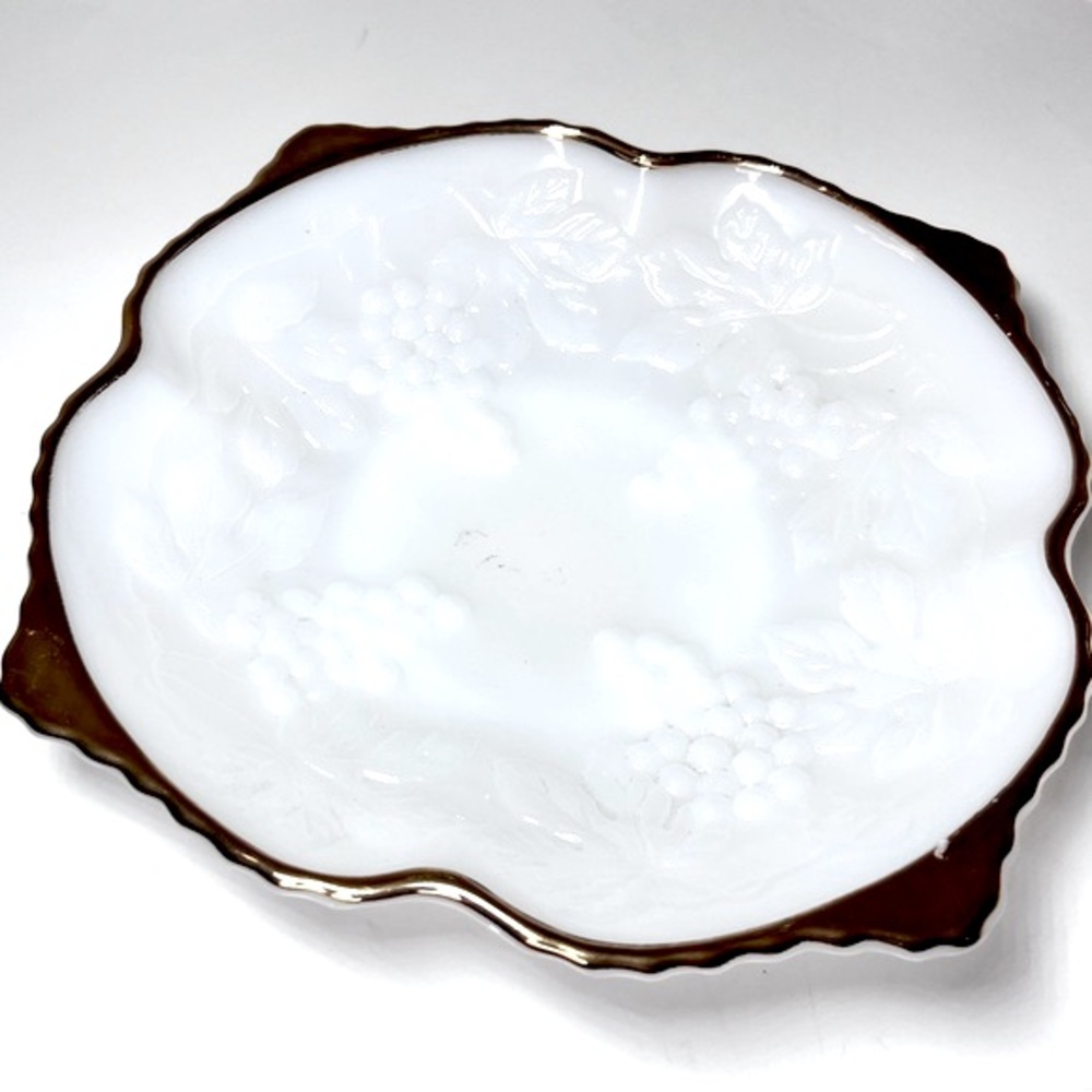 Milk Glass Plate Dish Hand Painted Gold Trim Trinket Tray